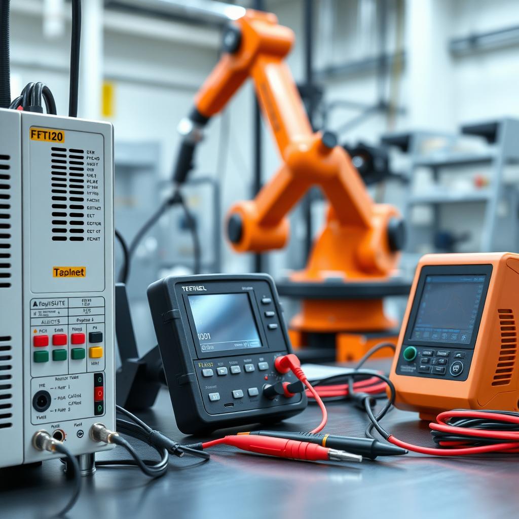Technician’s workbench with advanced electrical tools and a robotic arm.