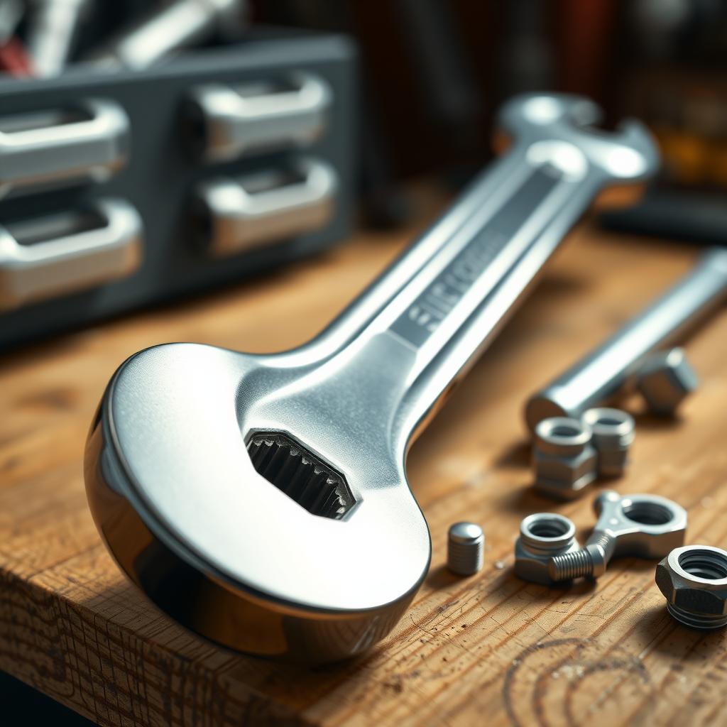 A shiny combination wrench on a wooden workbench with bolts and a toolbox in the background.
