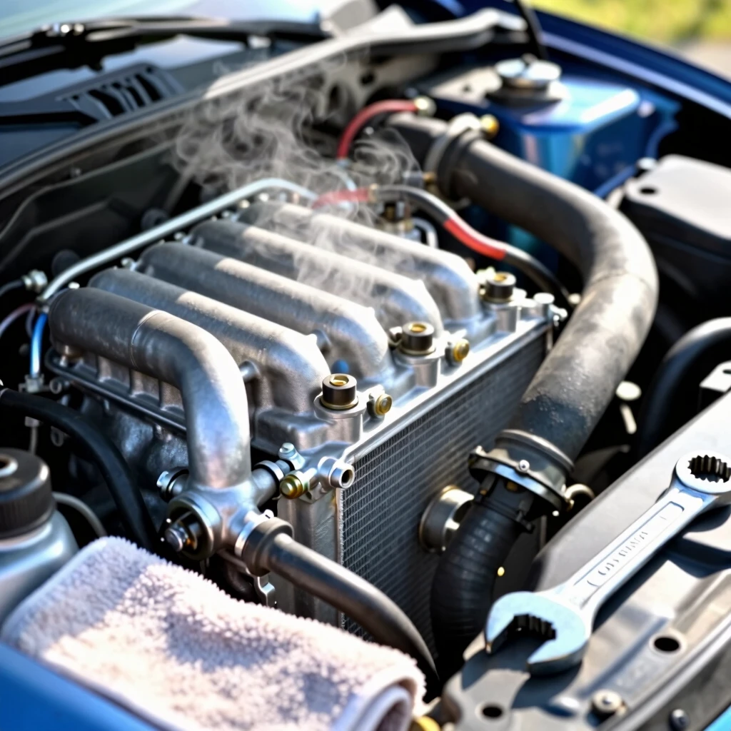 Detailed view of car engine cooling system components under the hood