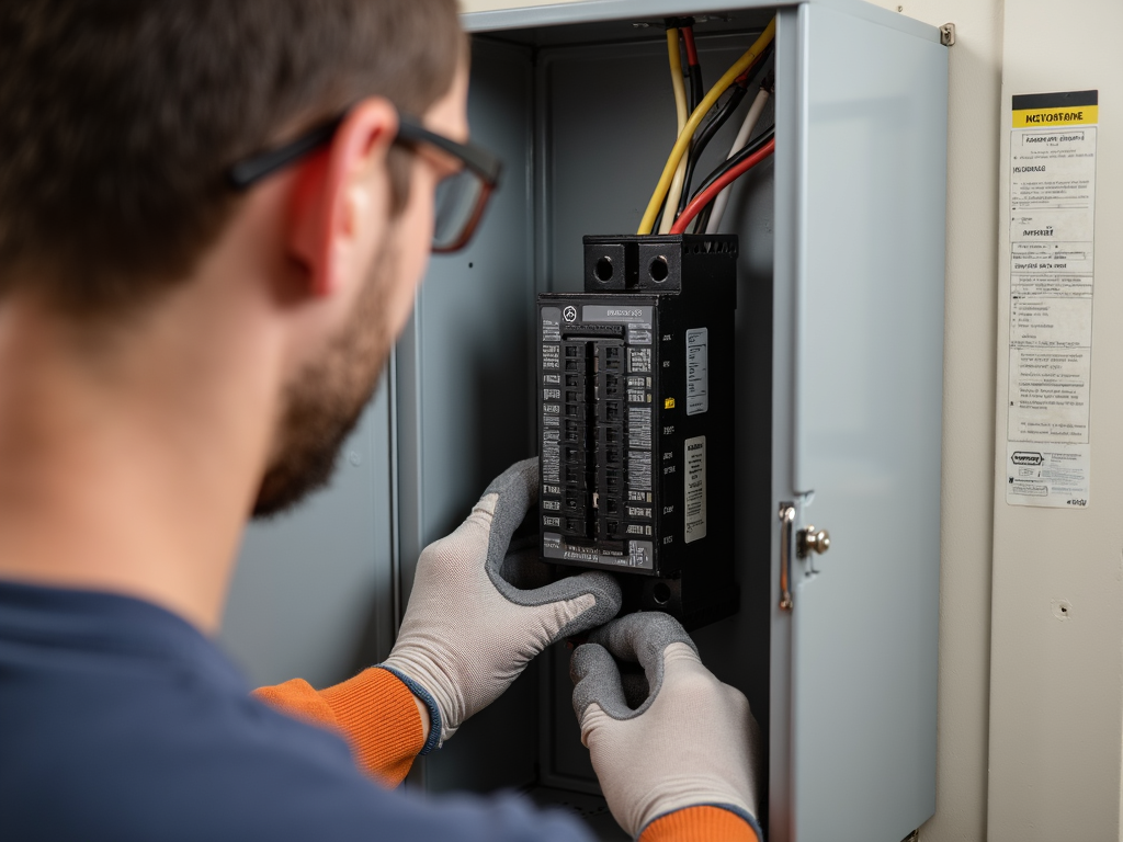 A person safely adding a new circuit to an electrical panel with the power turned off.