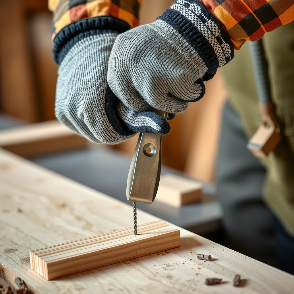 Person demonstrating correct hammer grip and swing technique while driving a nail
