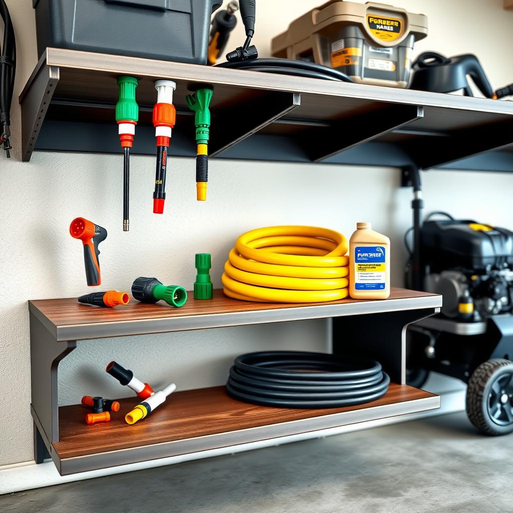 A garage shelf with power washer accessories, including nozzles, a hose, and pump saver fluid.