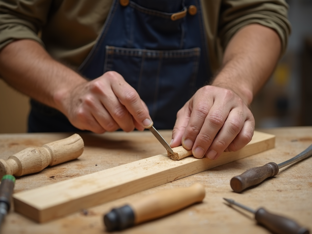 A beginner practicing with hand tools in a woodworking project.