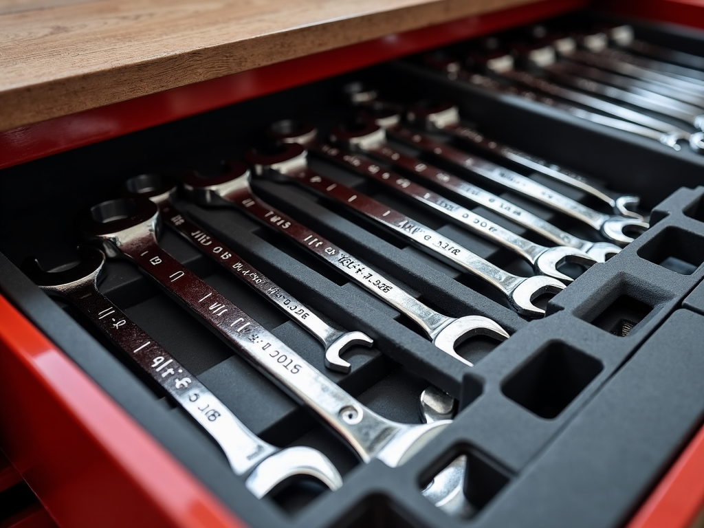 Organized toolbox drawer with labeled wrench sections