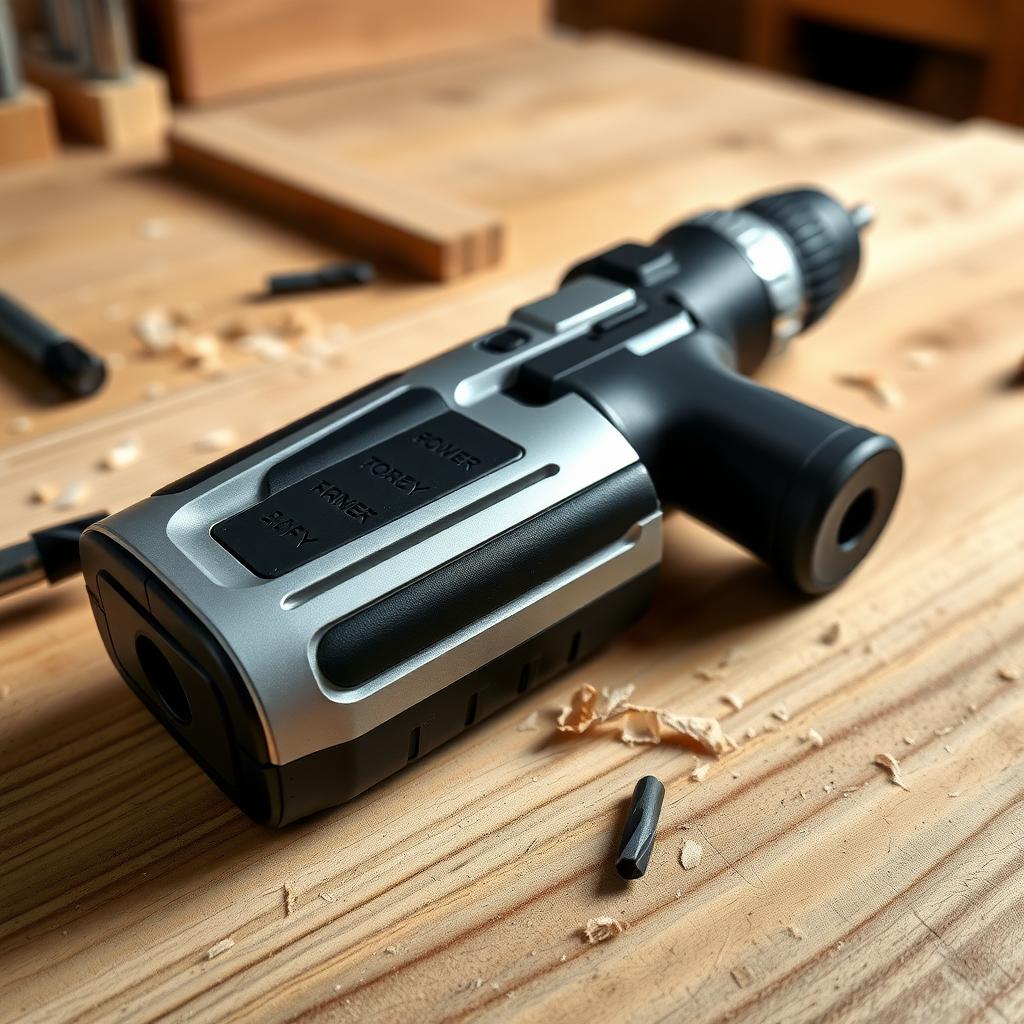 Cordless power drill on a wooden workbench with wood shavings and drill bits