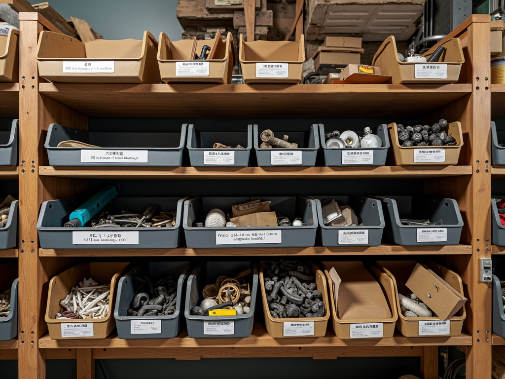 Labeled bins on a workshop shelf for organized storage