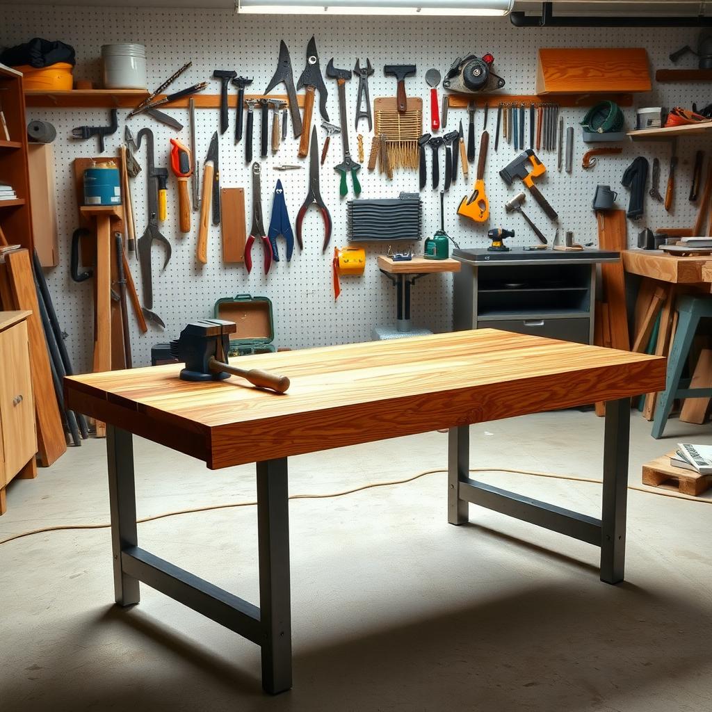 Sturdy workbench with steel frame and hardwood top in a garage workshop, featuring organized tools and a mounted vice.