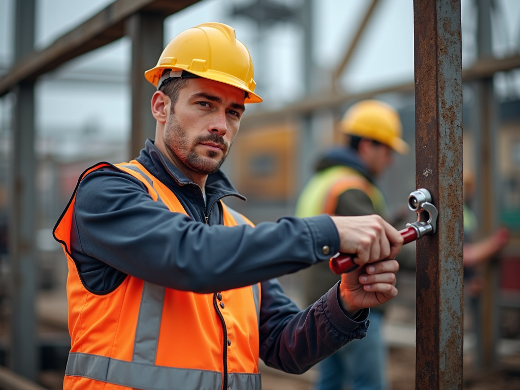 Construction worker using a wrench on a steel beam