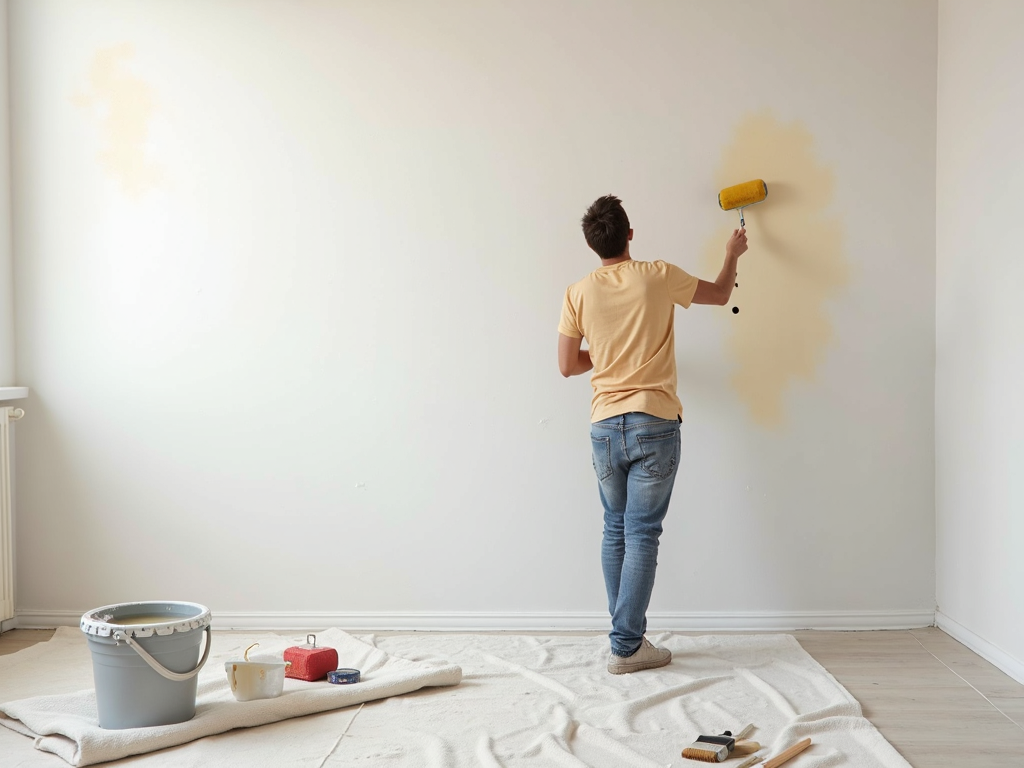 A painter cleaning a dusty wall with a sponge before painting.