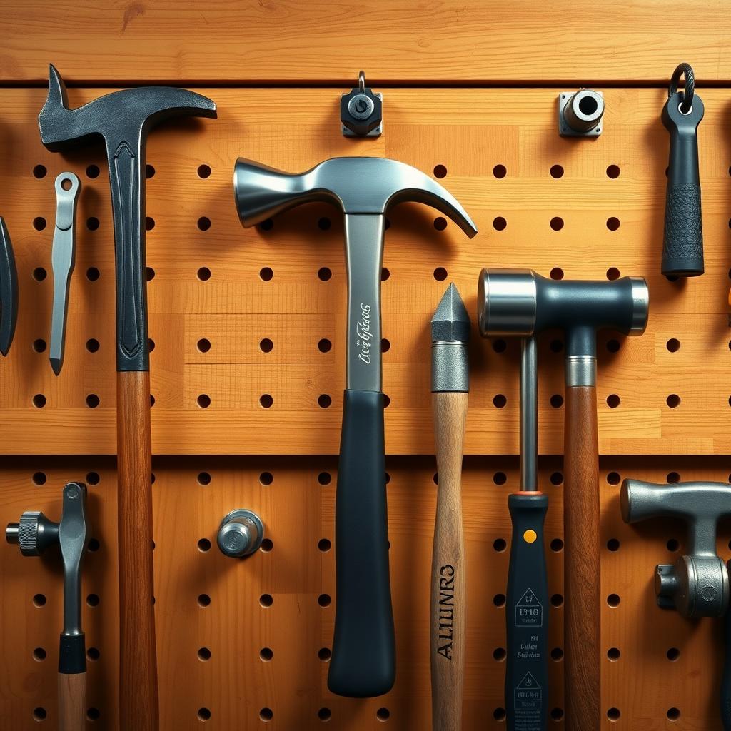 Assorted hammers on a tool rack in a workshop