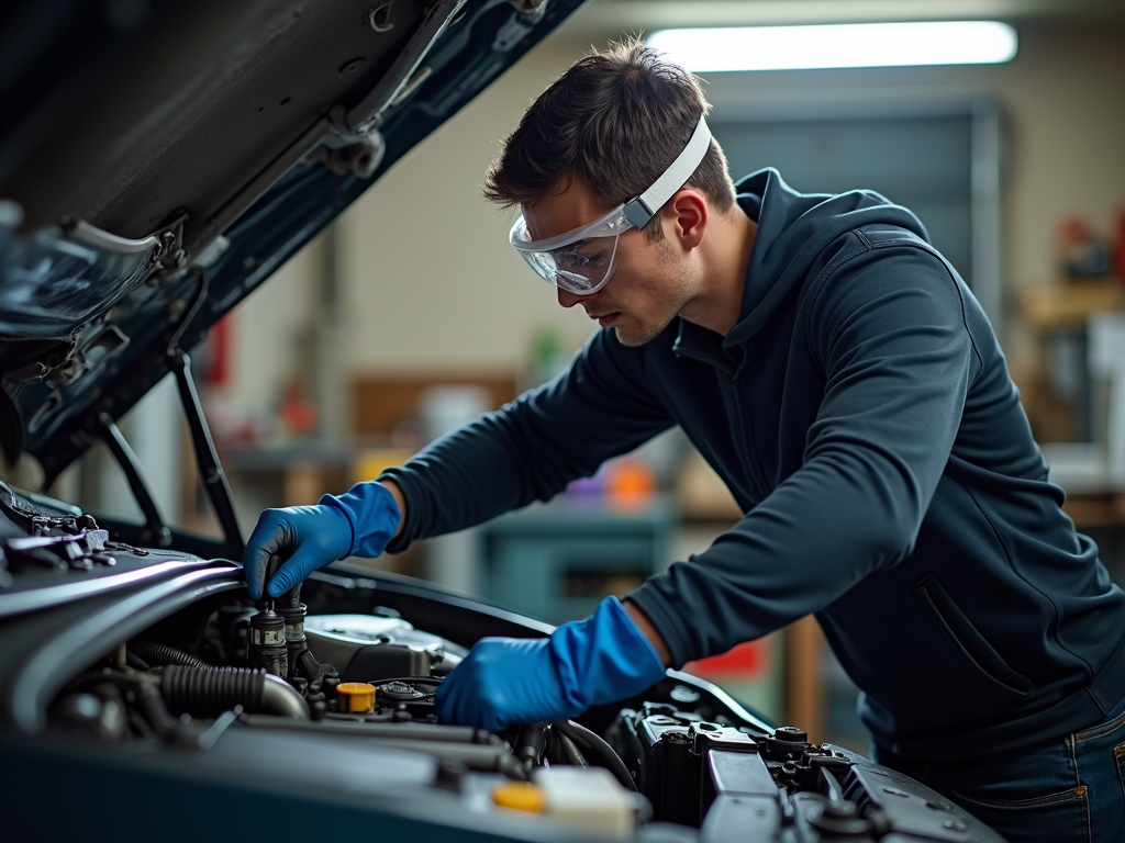 A DIY mechanic carefully using a torque wrench to tighten bolts on a car engine.