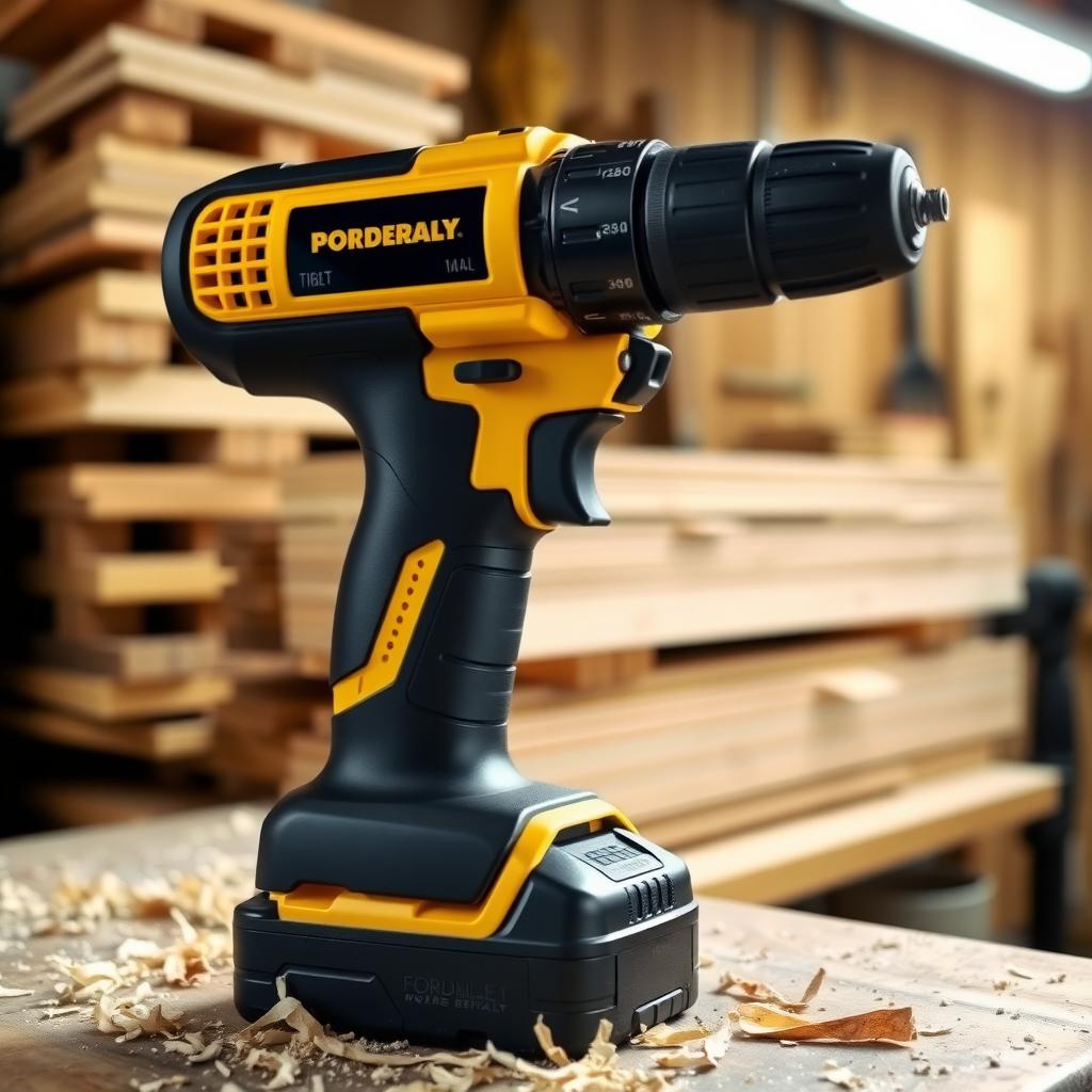 Cordless power drill on a workbench with wooden planks and wood shavings.