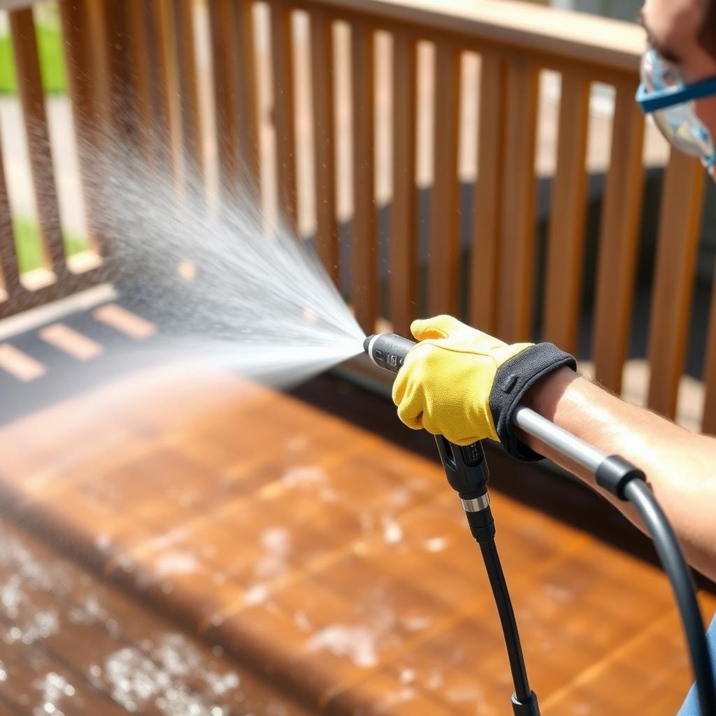 Person using a power washer to clean a wooden deck on a sunny day