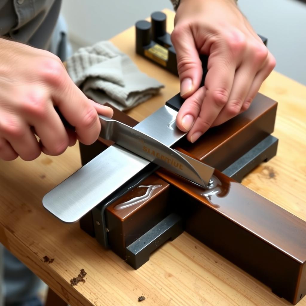 Sharpening a chisel: Proper technique for maintaining cutting tools.
