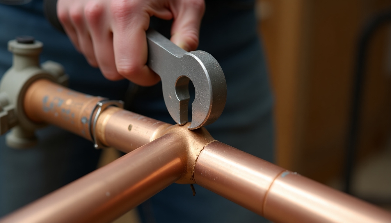 Pipe cutter making a precise cut on a copper pipe.