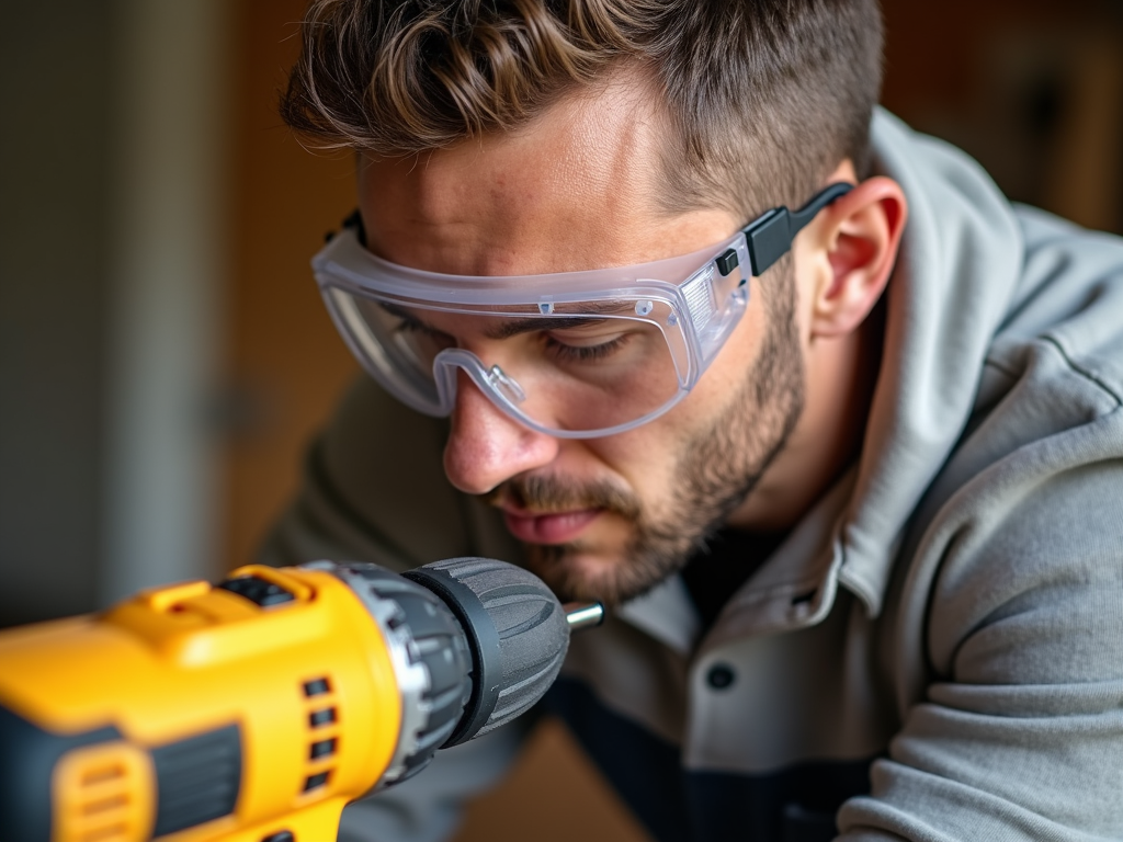 DIYer wearing safety goggles while using a power drill.