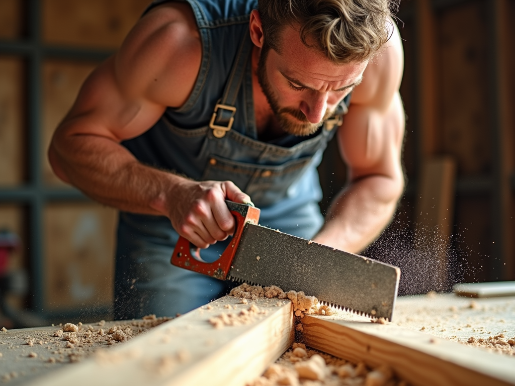 Workman using hand saw