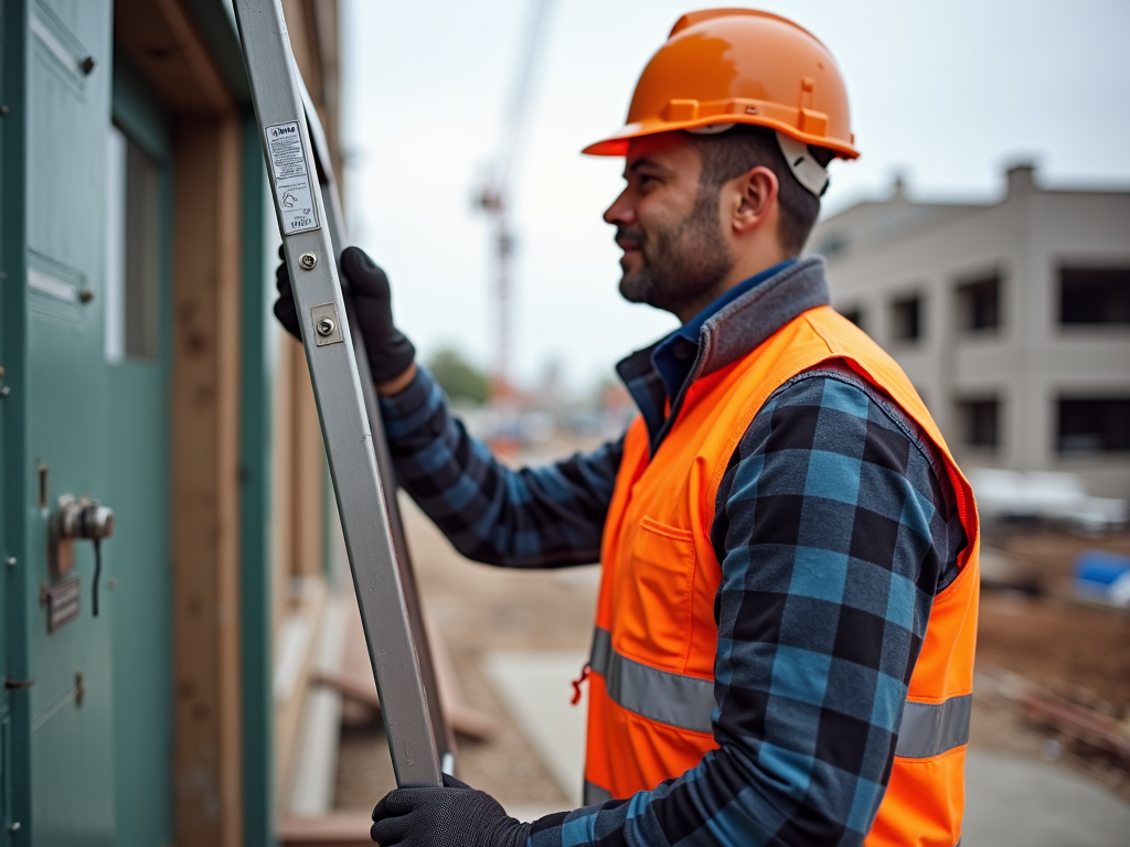 Construction worker inspecting ladder