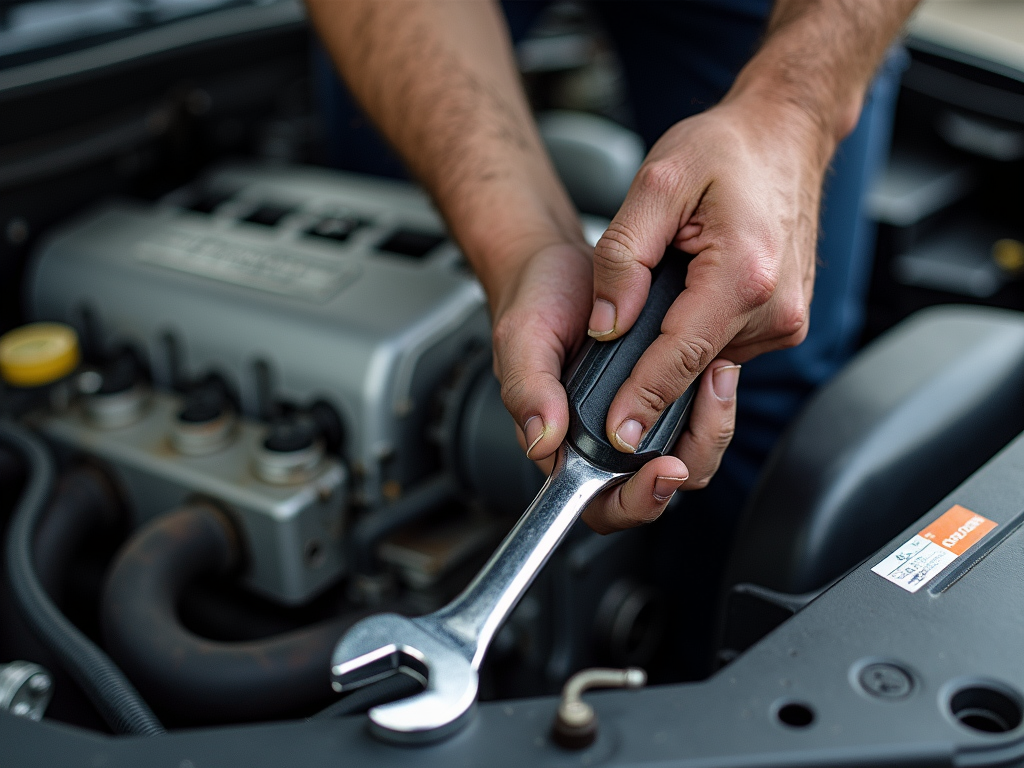 Mechanic using a ratcheting wrench on a car engine