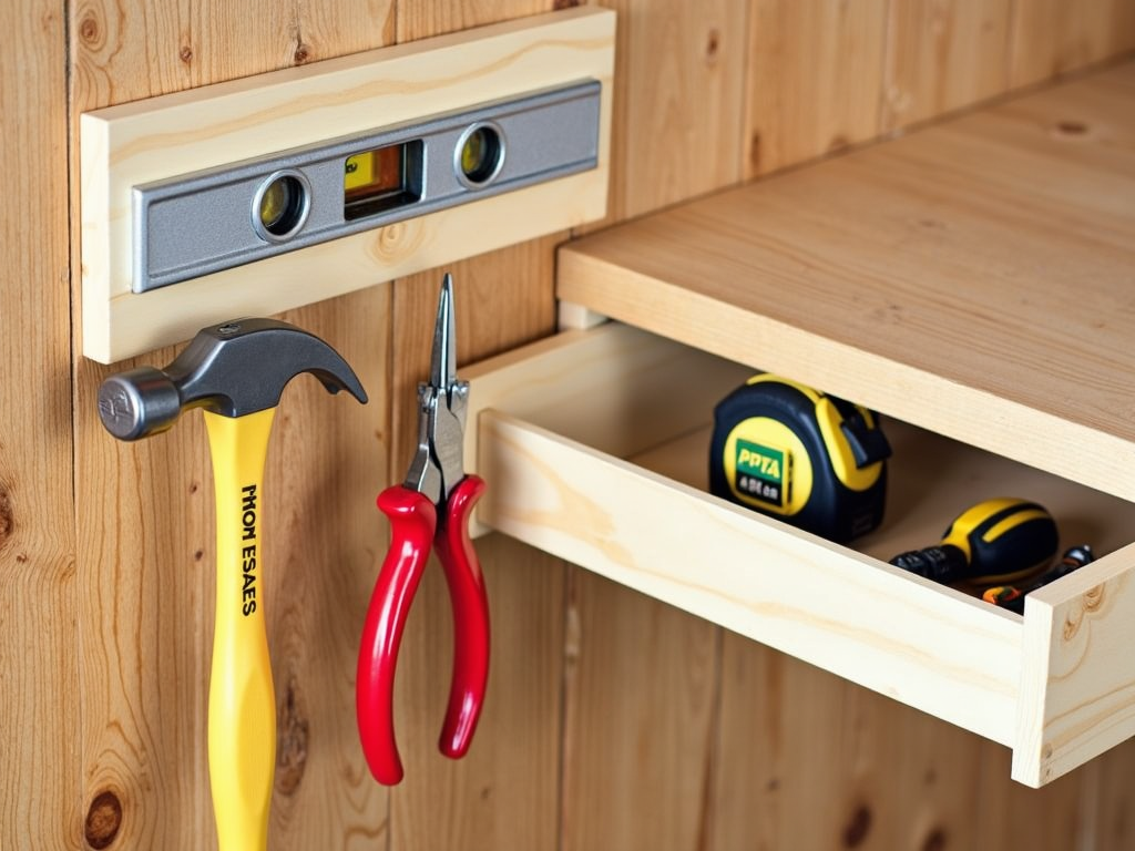 Wall rack with hammer, level, pliers, and drawer unit