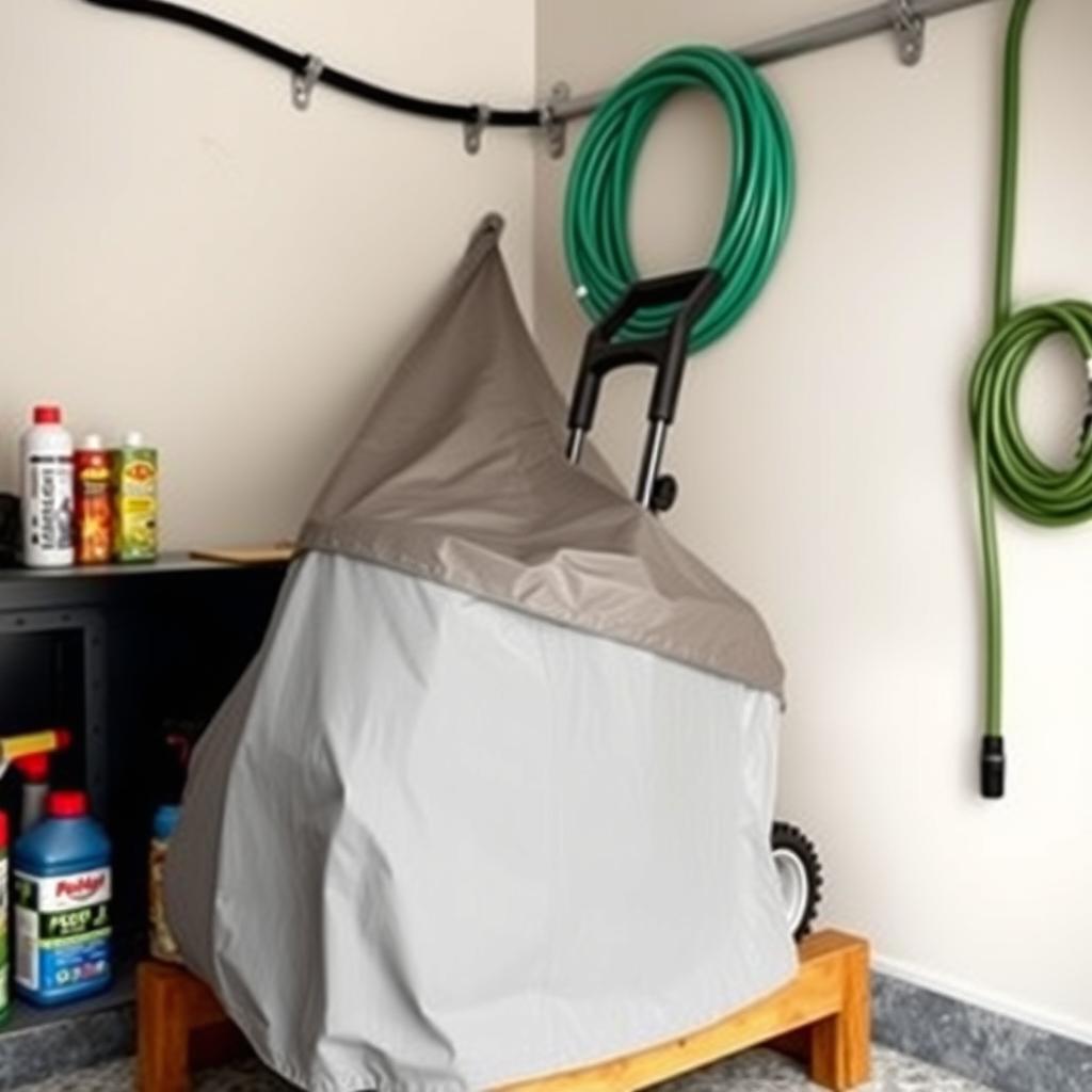 Power washer covered with a tarp, stored on a shelf in a tidy garage.