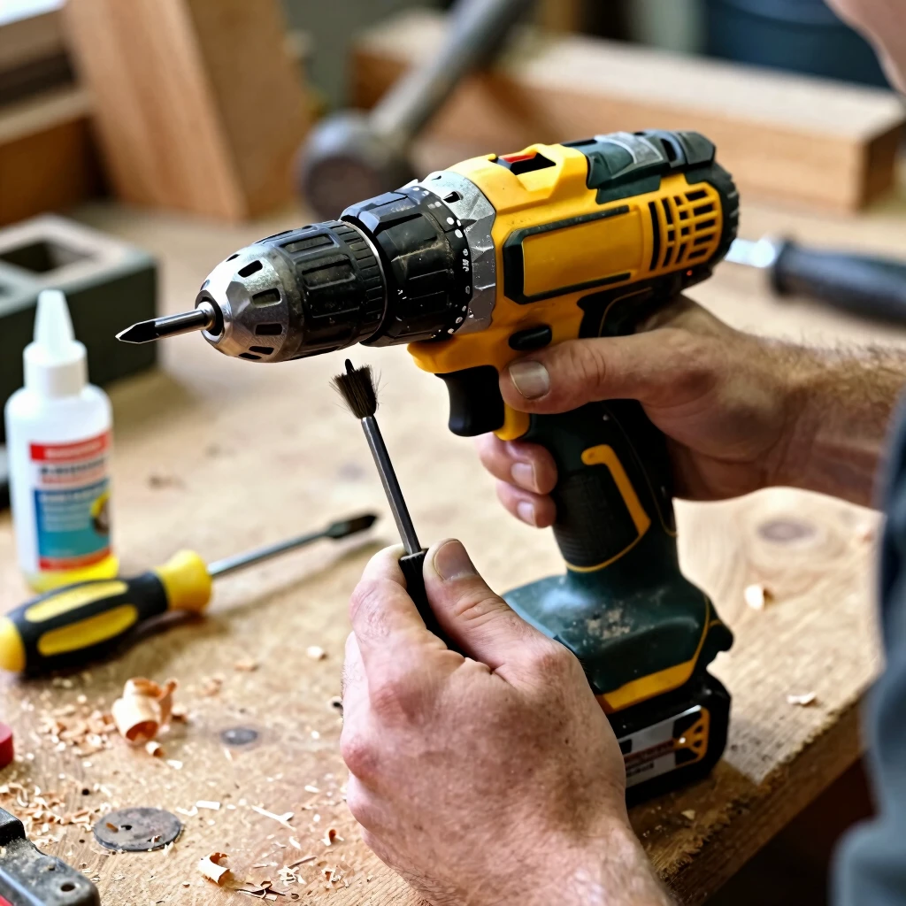 Hands maintaining a cordless drill for optimal performance