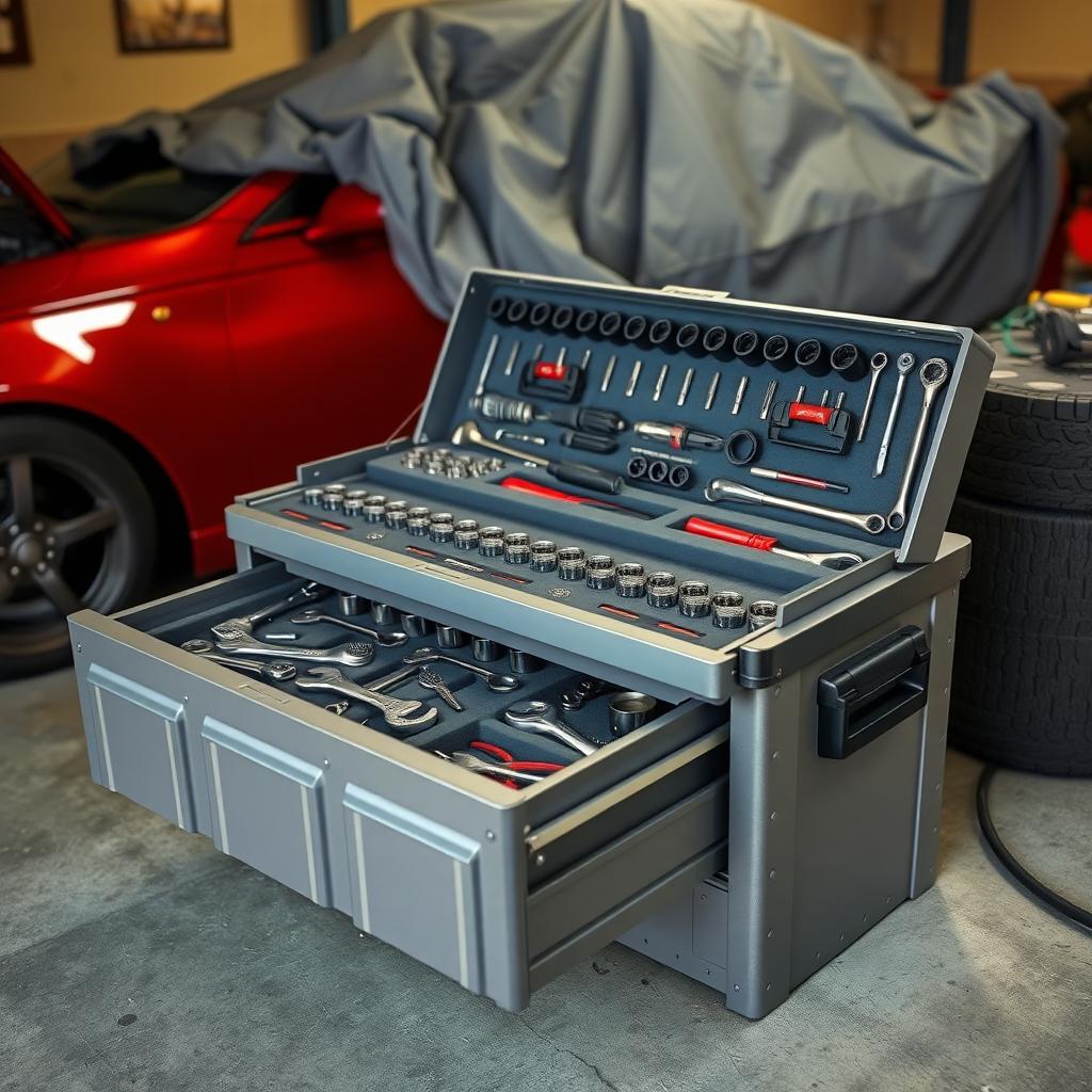 Open toolbox with organized automotive tools in a garage