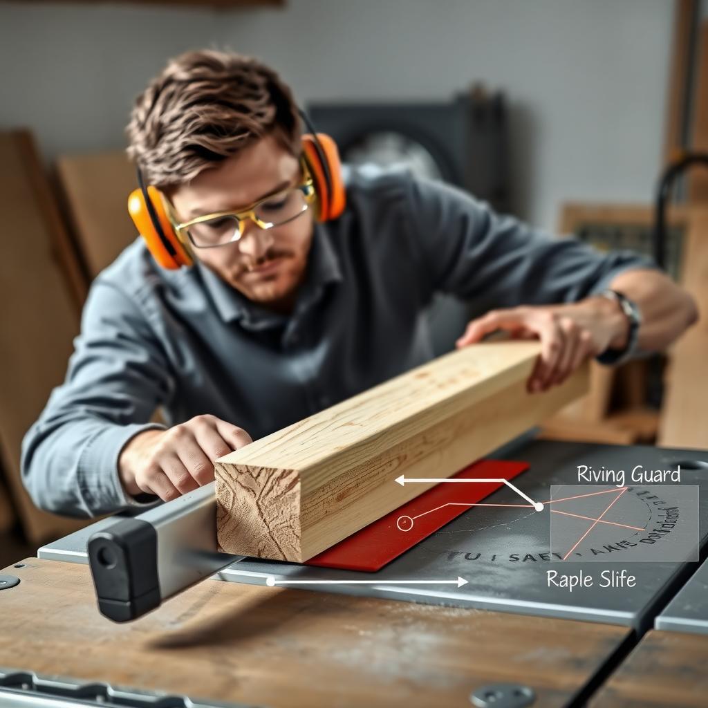 Person safely using a table saw with goggles, ear protection, and a push stick, in a clean, well-lit shop.