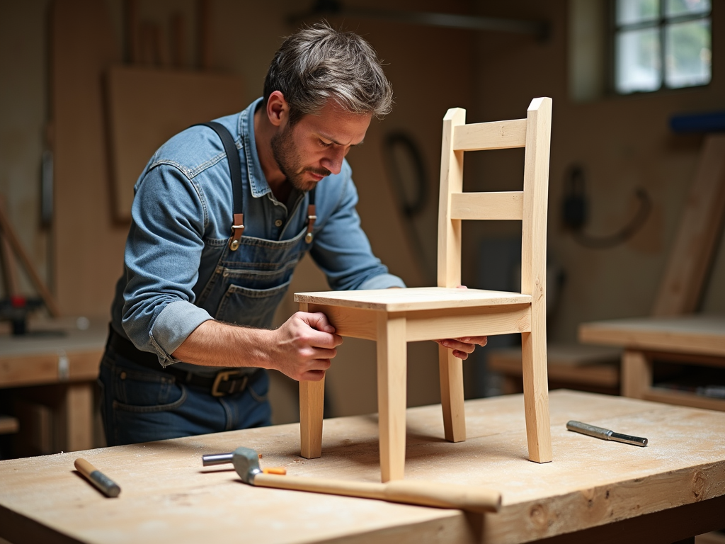 A craftsman building a chair on a clean, sturdy workbench with tools in reach.