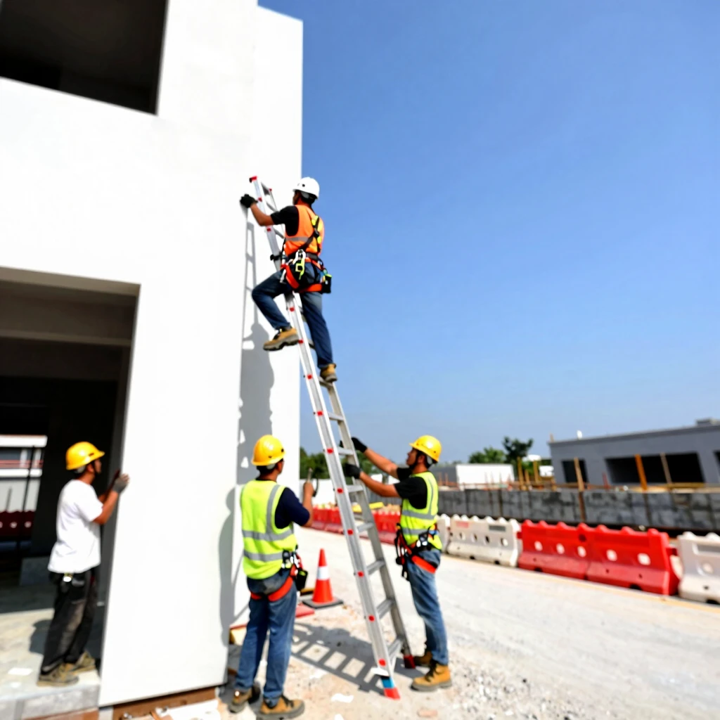 Construction workers demonstrating safe ladder use on site