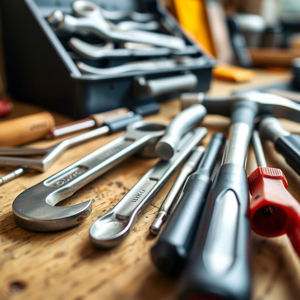 Clean, organized hand tools on a workbench with an open toolbox in the background.