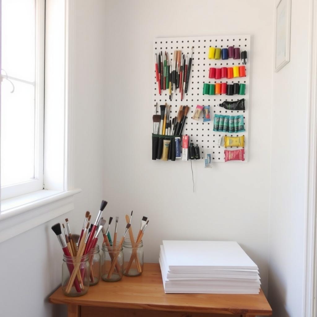 Small painting studio with a pegboard organizer, mason jars, and canvases in a sunlit corner.