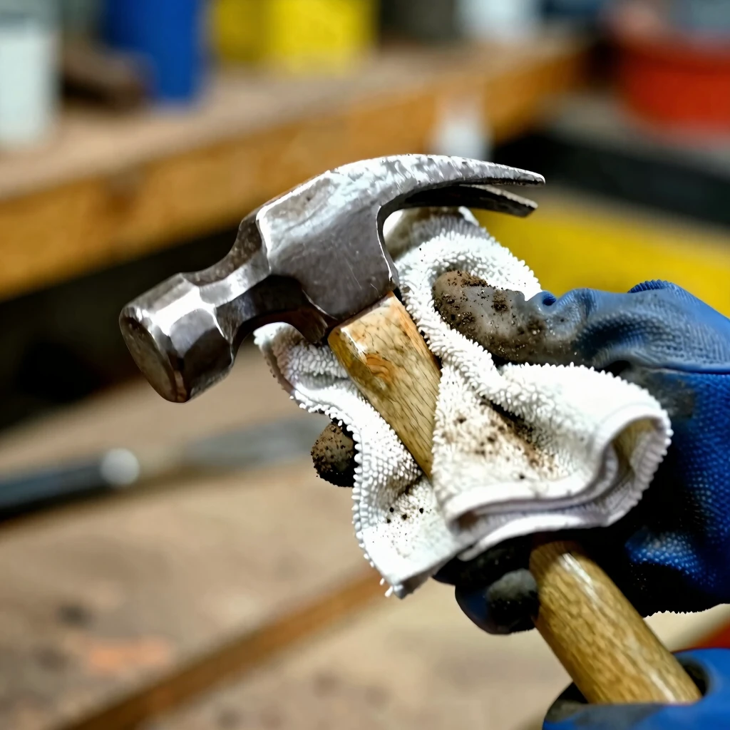 Hand cleaning the head of a hammer with a cloth