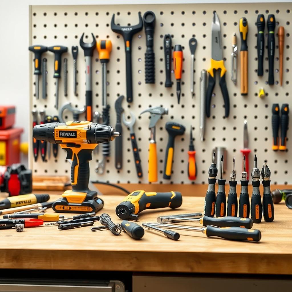 Organized workbench displaying ergonomic tools like a drill, saw, and screwdrivers.
