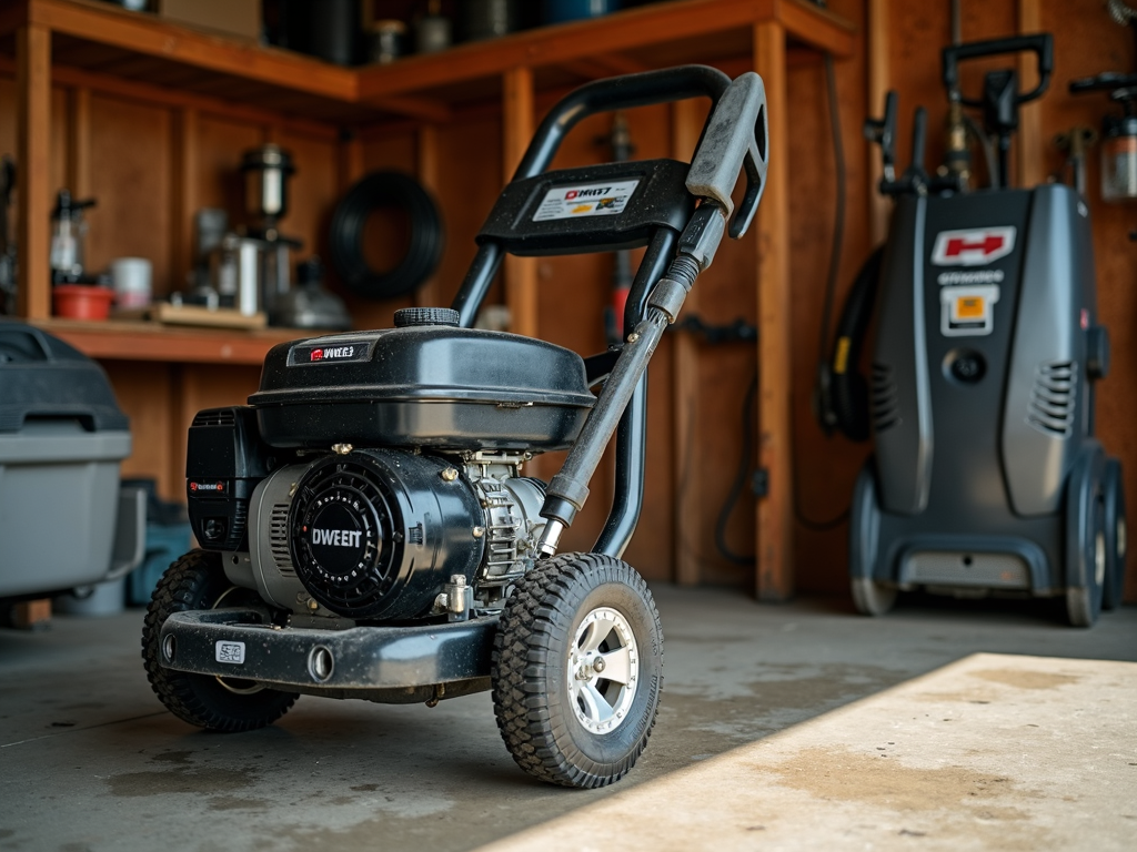 Storing a power washer in a garage.
