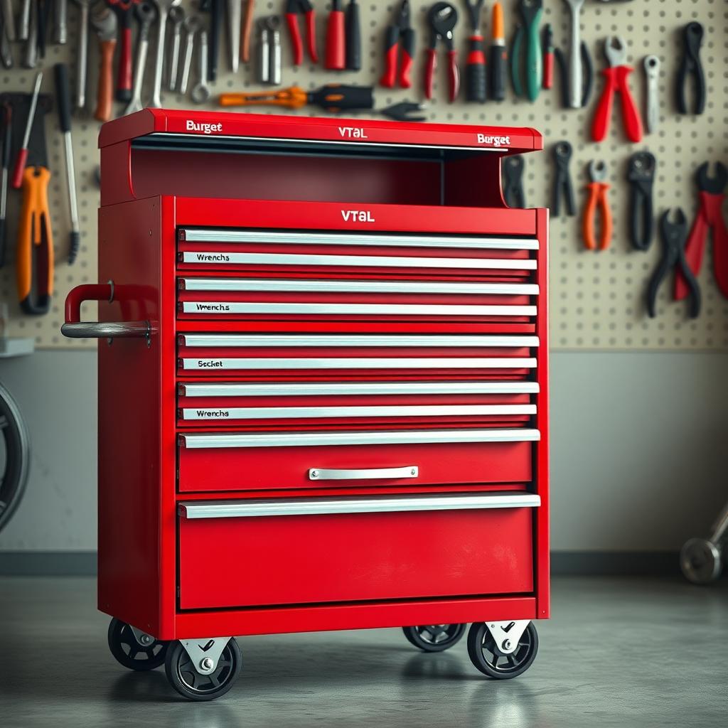 Red rolling tool chest with labeled drawers in a garage with a pegboard wall.