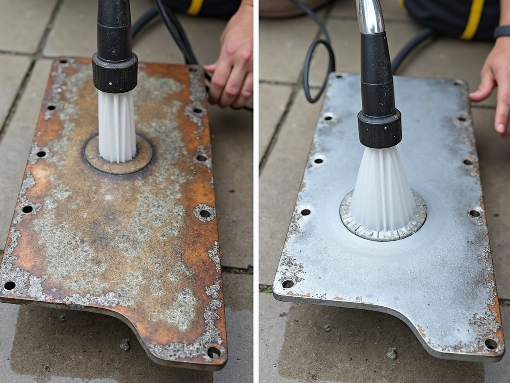 Metal piece before and after power washing