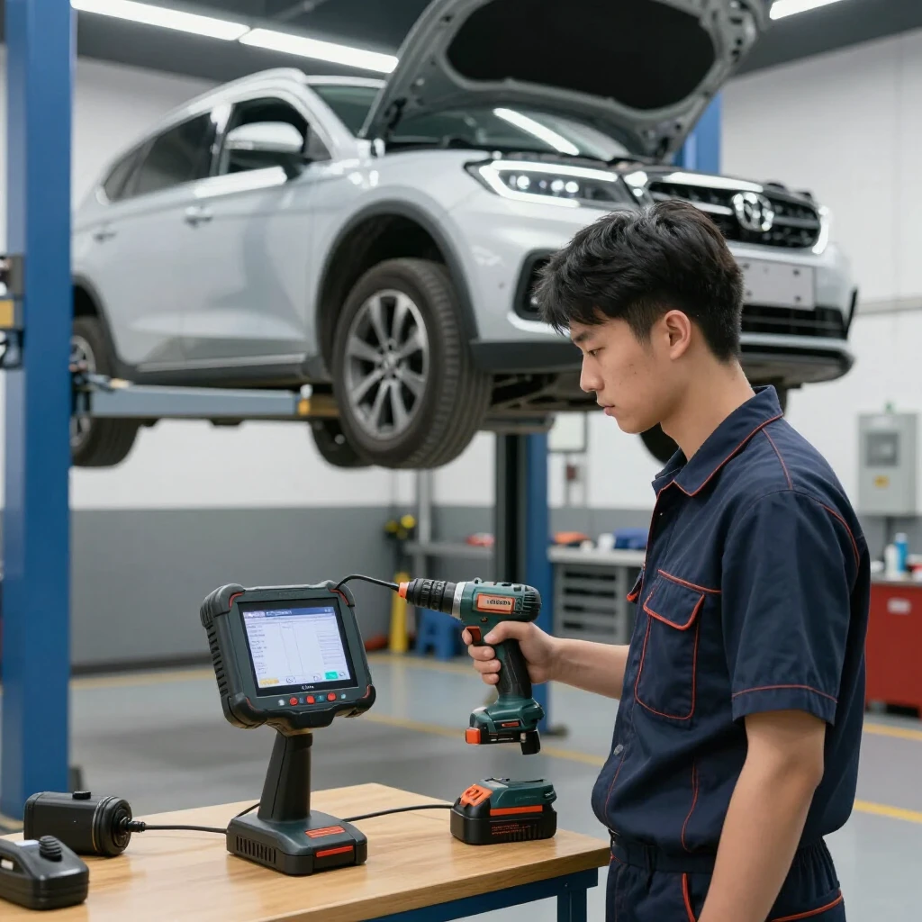 Mechanic using modern cordless tools and OBD scanner on a car