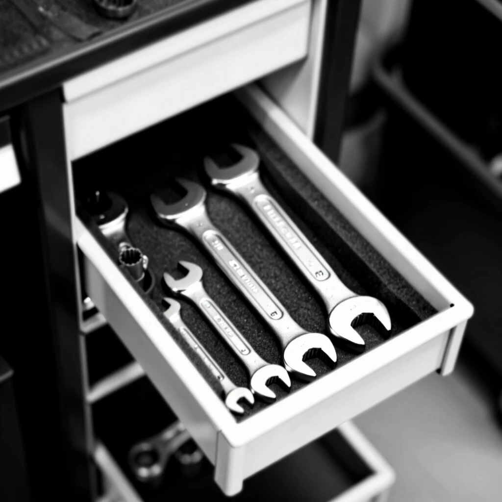Well-organized wrench drawer in a toolbox