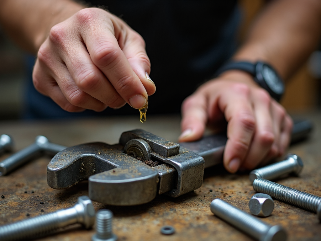 Lubricating a wrench with oil.