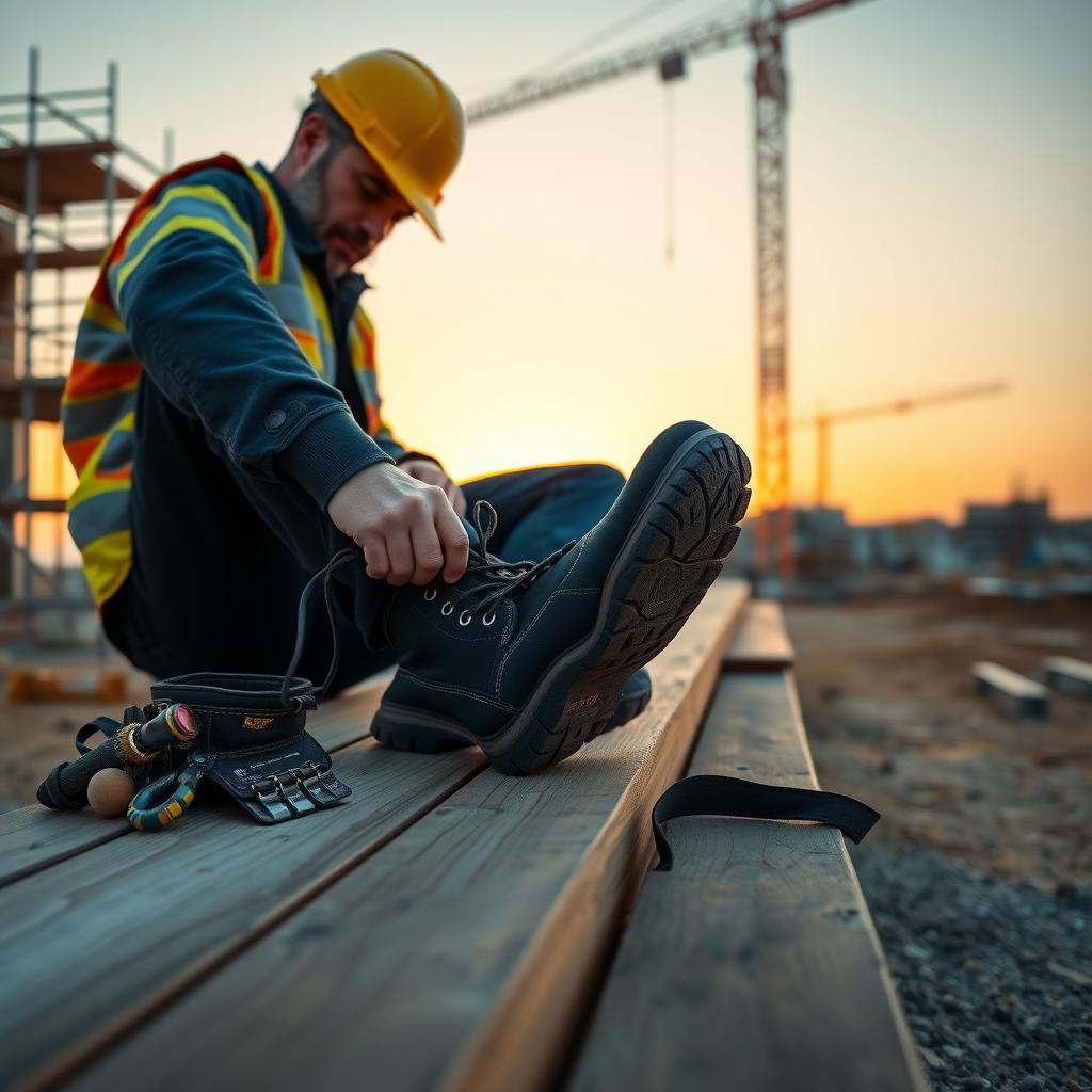 Construction worker lacing up black work boots next to a tool belt at sunset.