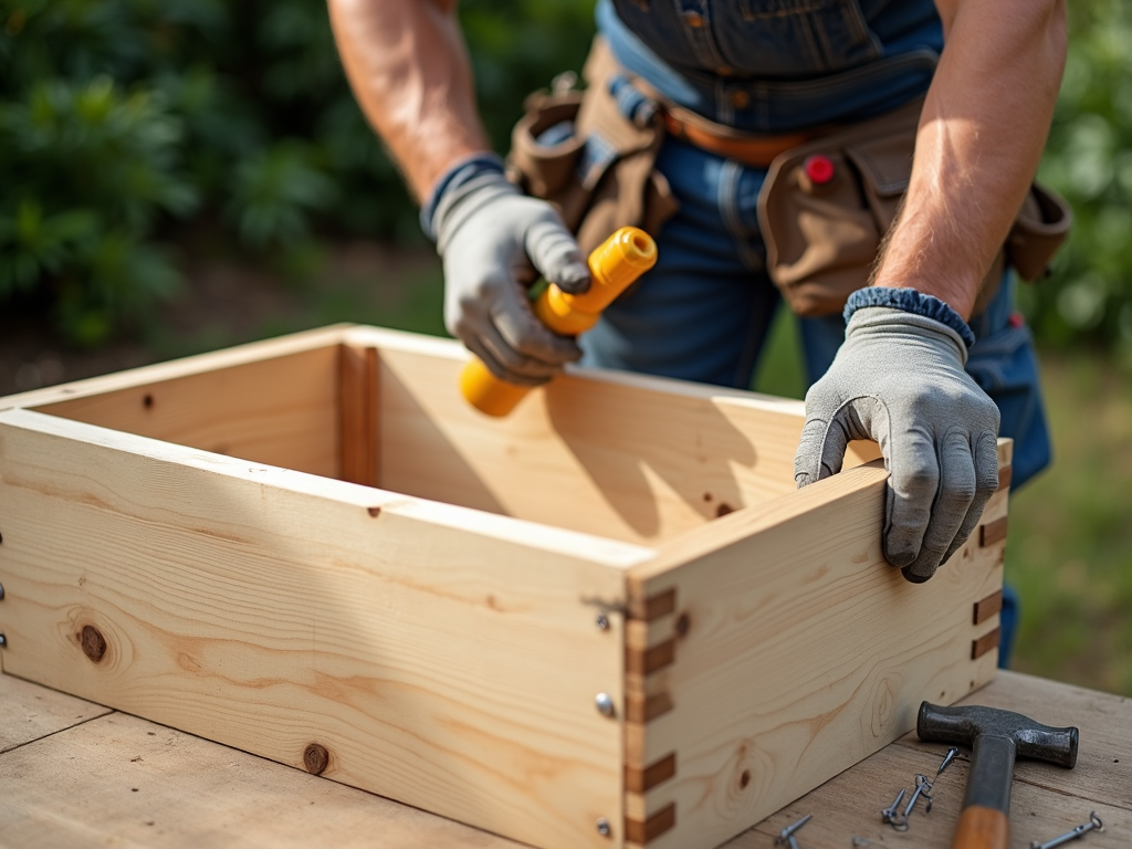 Contractor building a wooden garden box