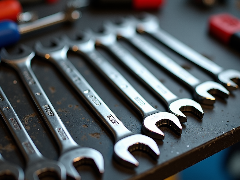 Set of combination wrenches on a workbench