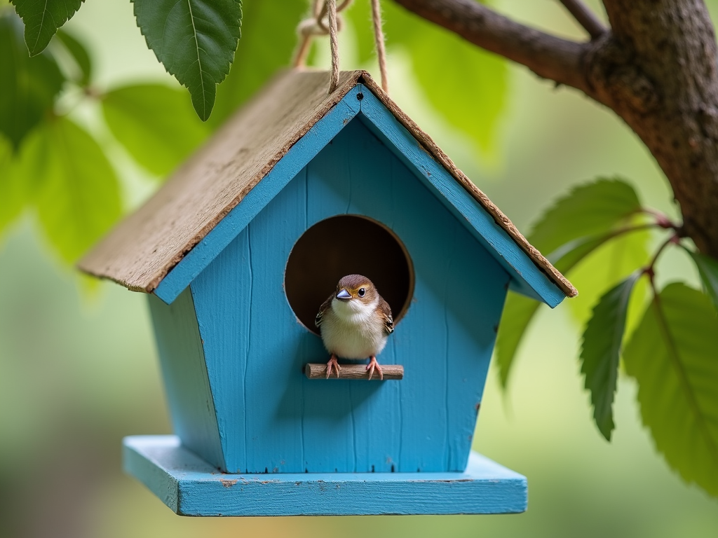 Completed DIY birdhouse with a bird, showcasing an easy project for newbies