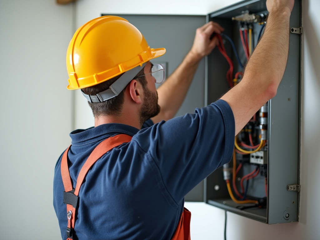A professional electrician safely upgrading an electrical system with the power turned off.