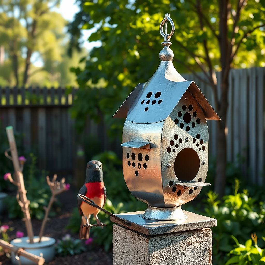 Intricate metal birdhouse project completed with precision hand tools