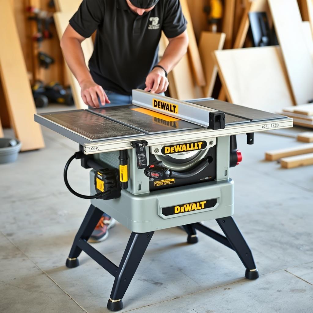 DEWALT jobsite table saw in action on a construction site with a rolling stand and blade guard.