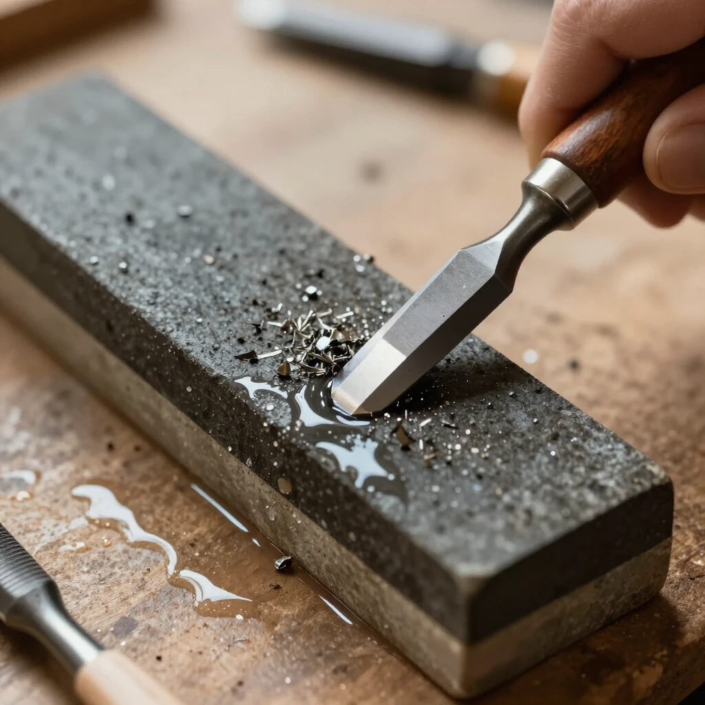 Sharpening a chisel on a wet whetstone