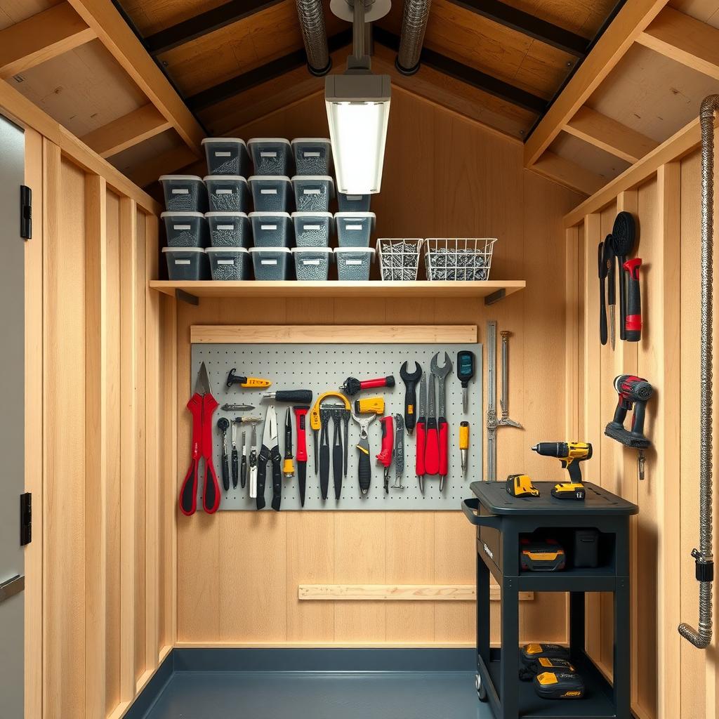 A compact workshop shed with a ceiling shelf for bins, a wall rack for hand tools, and a rolling cart for power tools.