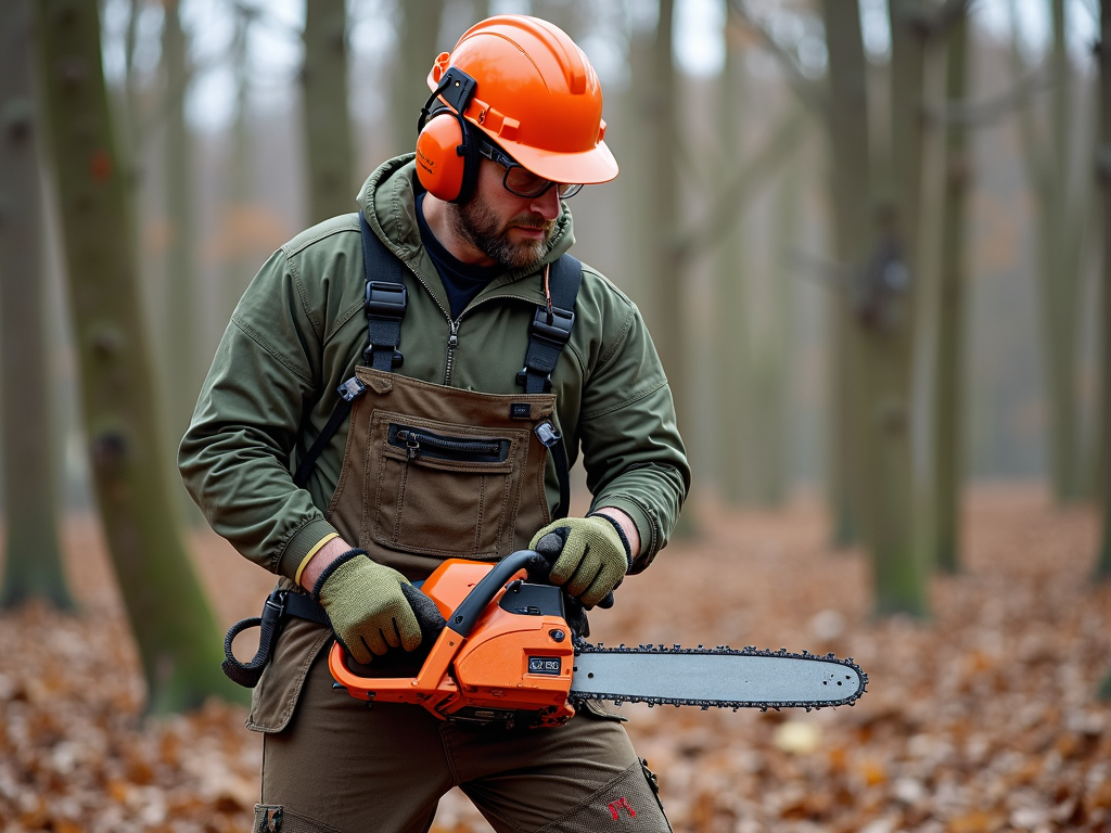 Full safety gear for chainsaw use